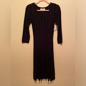 Kasper Black Cable Knit Midi Dress.  Sleeve 3/4 Length V Neck. Size S.